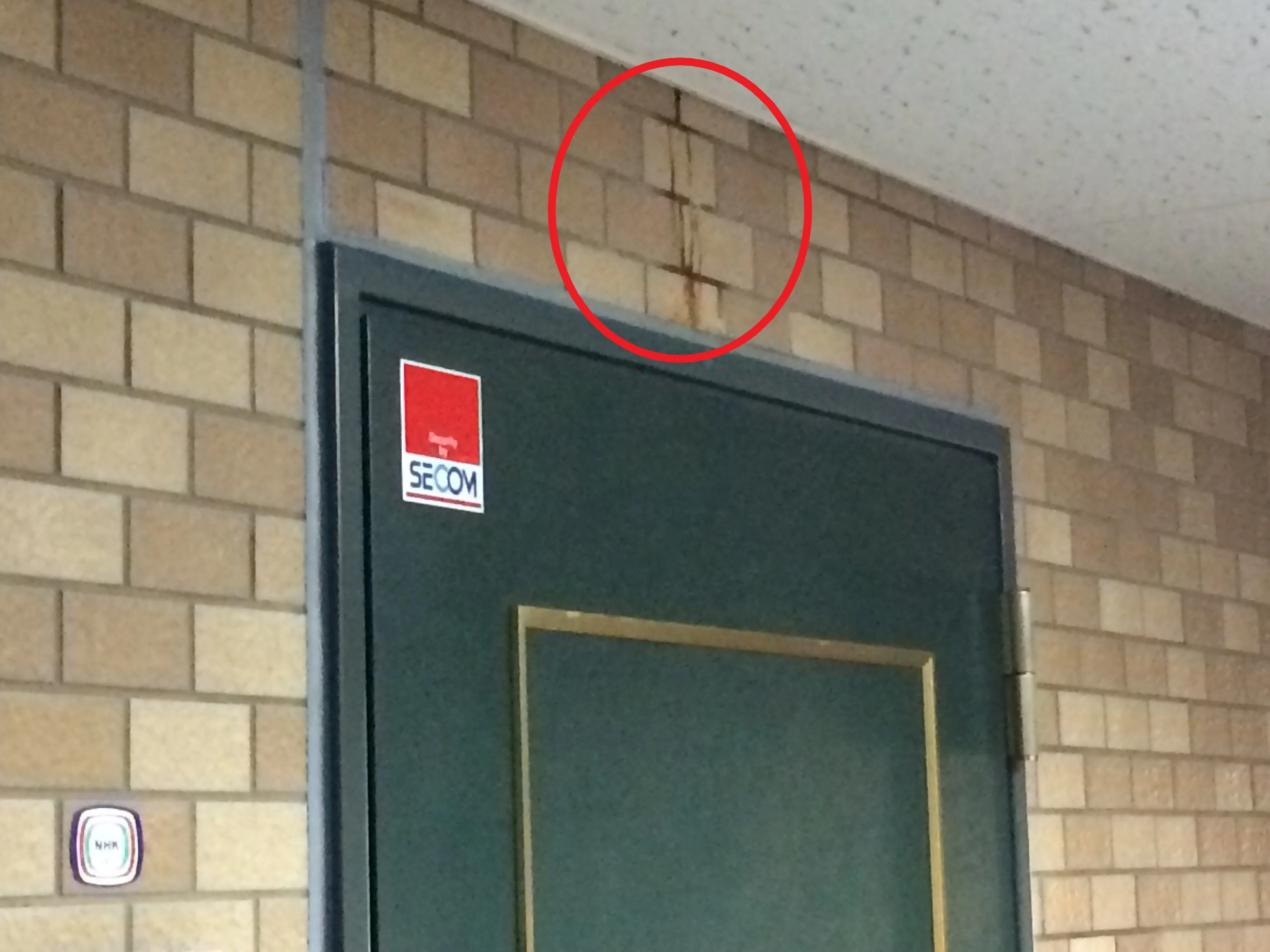 5.１年点検玄関扉上部漏水跡 マーク.JPG